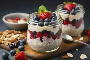 AI generated Mixed berries overnight oats with almond flakes in a glass jar, healthy breakfast.  AI Generated photo