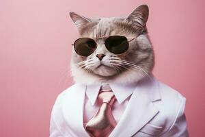 ai generado un gato es vistiendo Gafas de sol y traje en rosado antecedentes. ai generado foto