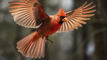 AI generated Northern Cardinal coming in for a landing. Generative AI photo