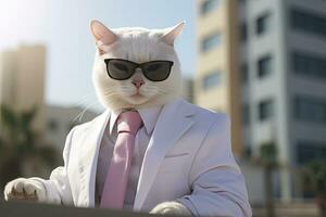 AI generated A cat is wearing sunglasses, suit and standing on street. AI Generated photo