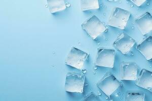 AI generated Cubes of ice and drops are isolated on the blue background with empty space. AI Generated photo