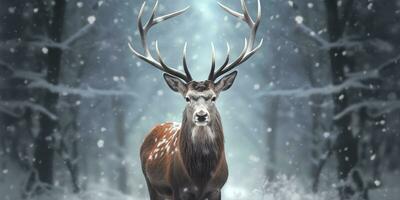 AI generated Noble deer male in the winter snow forest. Artistic winter Christmas landscape. AI Generated photo