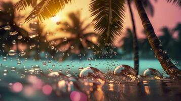 AI generated Beach with waves and coconut trees at sunset. Generative AI photo