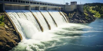 ai generado hidroeléctrico represa generando verde energía desde fluido agua. ai generado. foto