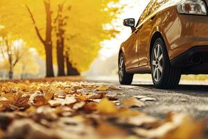 ai generado coche en asfalto la carretera en un otoño día a el parque. ai generado foto