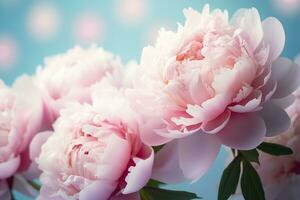 AI generated Beautiful pink large flowers peonies on a light blue turquoise background. Generative AI photo