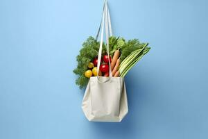 ai generado tienda de comestibles lleno bolsa. blanco compras bolso con vegetales en ligero azul antecedentes. generativo ai foto