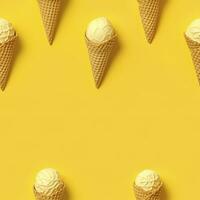 AI generated Ice Cream pattern on yellow background, top view. AI Generated photo