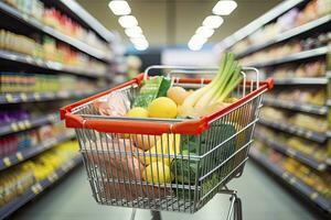 AI generated Close up of full shopping cart in grocery store. AI Generated photo