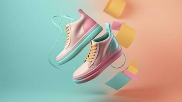 AI generated Flying trendy sneakers on creative colorful background, Stylish fashionable concept. AI Generated photo