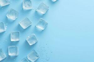 AI generated Cubes of ice and drops are isolated on the blue background with empty space. AI Generated photo