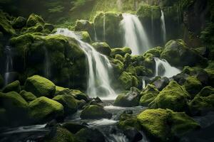 AI generated Waterfall landscape with rocks covered in green moss. AI Generated photo