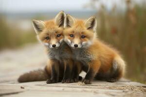 AI generated Wild baby red foxes cuddling at the beach. Generative AI photo