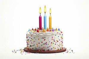 AI generated Colourful birthday cake with candles isolated on white background. AI Generated photo