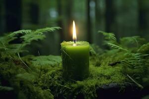 AI generated Burning candle on moss, dark green blurred the natural background. Magic candle. Generative AI photo