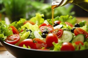 AI generated health benefits of healthy salad, in the style of precise detailing, smooth and shiny. AI Generated photo