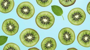 AI generated Slices of kiwi fruit and green mint leaves on a light pastel blue background. AI Generated photo