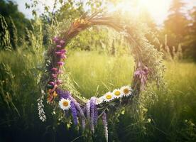 AI generated Rustic wildflowers wreath on a sunny meadow. Summer Solstice Day, Midsummer concept. Generative AI photo