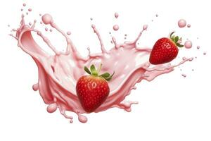 AI generated milk or yogurt splash with strawberries isolated on white background, 3d rendering. AI Generated photo