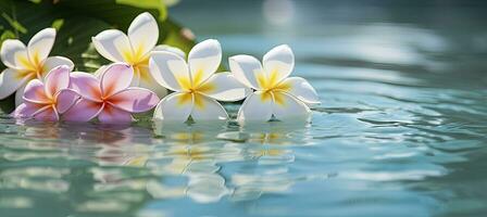 ai generado plumeria flores en verde hoja flotante en agua. un pacífico y sereno escena con un toque de naturaleza y belleza. ai generado foto