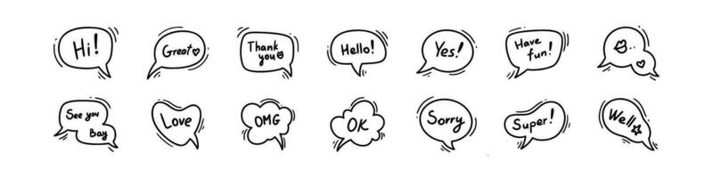 Doodle speech baloons with text. Cute line manga style cloud illustration. Hand drawn comic talk bubble frames. Line vector icons. Simple designed dialog box