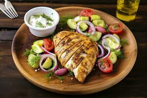 AI generated Seared chicken breast and Greek salad on a wooden table. Generative AI photo