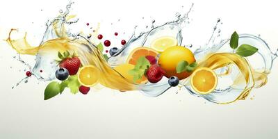 AI generated Swirl water splash with fruits. liquid flow with ice cubes and a mix of fresh fruits. Generative AI photo