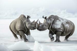 AI generated Two Rhinoceros getting ready for fight on Ice. AI Generated photo