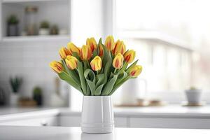 AI generated A bouquet of tulips on a white table. AI Generated photo