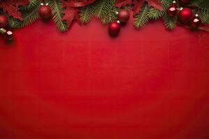 AI generated Christmas or New Year red background with fir decor. AI Generated photo