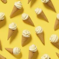 AI generated Ice Cream pattern on yellow background, top view. AI Generated photo