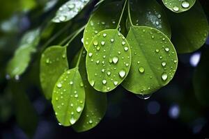 AI generated Green leaves with water droplets on them. AI Generated photo