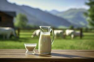 AI generated Glass pitcher with fresh milk on a wooden table. AI Generated photo