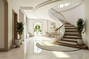 AI generated The interior design of the modern entrance hall with a staircase in the villa. AI Generated photo