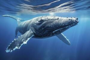 ai generado joven jorobado ballena en azul agua. ai generado foto