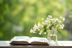 AI generated Jasmine flowers in a vase and open book on the table, green natural background. AI Generated photo