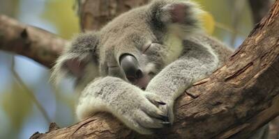 AI generated Koala asleep in tree. AI Generated photo