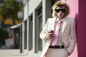 ai generado un mono es vistiendo Gafas de sol, traje y en pie en calle. ai generado foto