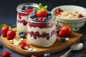 AI generated Mixed berries overnight oats with almond flakes in a glass jar, healthy breakfast.  AI Generated photo