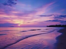 ai generado verano playa con azul agua y púrpura cielo a el puesta de sol. ai generado. foto