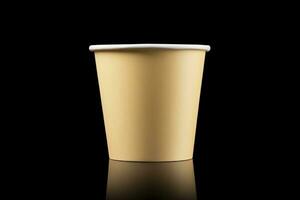 AI generated Side view yellow empty disposable paper fast food cup isolated on black background. Generative AI photo