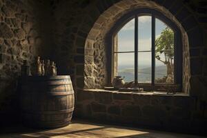 ai generado barril en un antiguo castillo junto a el ventana. ai generado foto