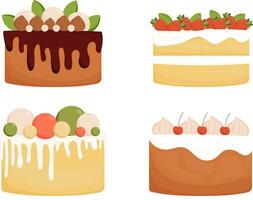 Set of different delicious cakes isolated on white. Decorated desserts with cherries, strawberries,leaves and macaroons. vector