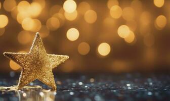AI generated Sparkling Golden Christmas Star. Ornament Decoration Defocused Bokeh Background. AI Generated photo