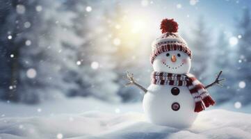 AI generated Happy snowman in the winter scenery. AI Generated photo