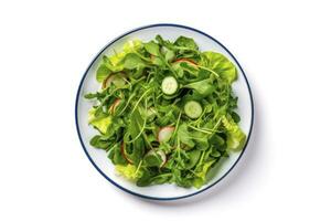 AI generated Healthy fresh green salad plate shot from above on white background. AI Generated photo