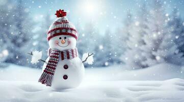 AI generated Happy snowman in the winter scenery. AI Generated photo