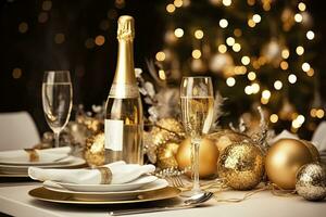 ai generado Navidad mesa ajuste con fiesta decoraciones en oro color. ai generado foto