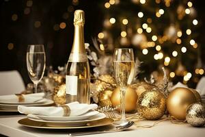 AI generated Christmas table setting with holiday decorations in gold color. AI Generated photo