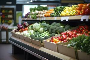 AI generated Fruits and vegetables on shop stand in supermarket grocery store. AI Generated photo